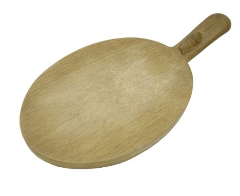 'Mouseman' oval adzed oak Cheese Board, curved handle with relief carved mouse signature, by Robert Thompson of Kilburn, L38c