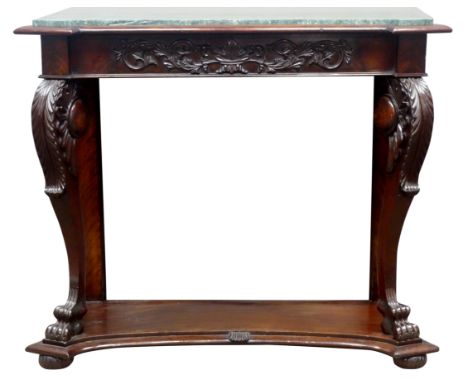 19th century Irish mahogany console table, with green canted marble top and figured frieze with carved scrolled foliage mount