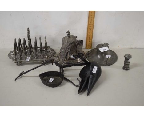 Mixed Lot:  Silver plated ink well formed as an elephants head plus further pewter ink well, toast rack and other items