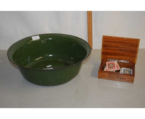 Box of playing cards and an enamel wash bowl