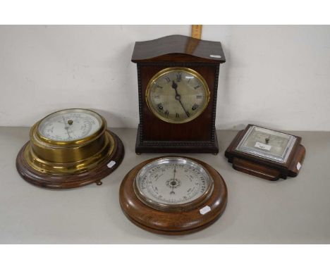 Early 20th Century mahogany cased mantel clock together with three aeronoid barometers