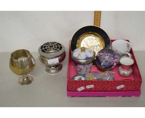 Mixed Lot:  Silver plated rose bowl, coloured glass paperweight, a Chokin plate and various other items