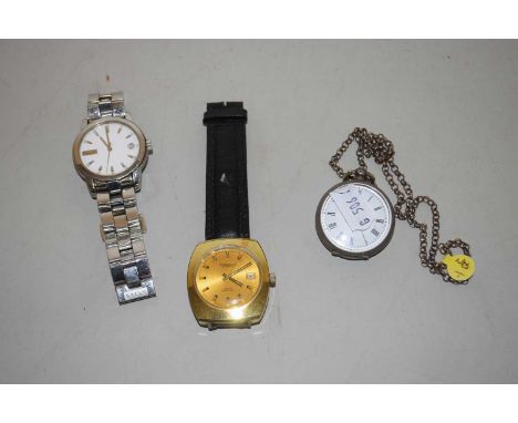 Two gents wristwatches and a small pocket watch on chain