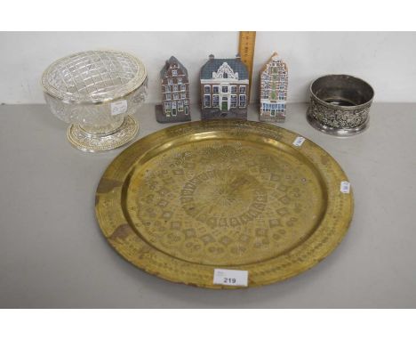 Mixed Lot: Small Indian brass serving tray, silver plated bottle stand, model cottages and a rose bowl
