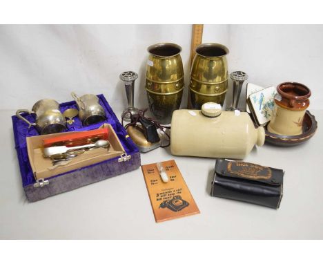 Mixed Lot: Brass vases, assorted cutlery, silver plated goblets, stoneware hot water bottle etc