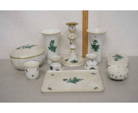 A quantity of modern Vienna porcelain items with green floral design to include a pair of vases, candlestick, covered dressin