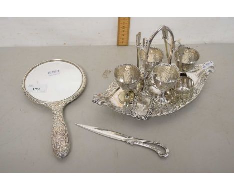 Mixed Lot: Silver plated egg cruet, silver whisky decanter label, dressing table hand mirror and other items