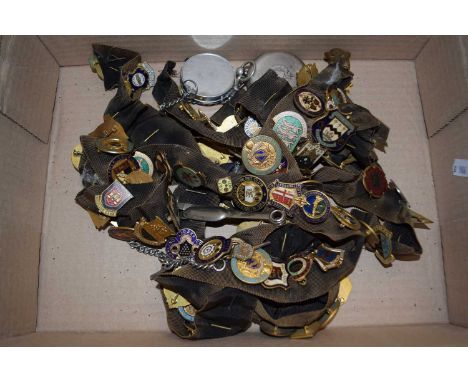 A large collection of various modern pin badges to include bowling interest and others, a silver cased pocket watch and chain