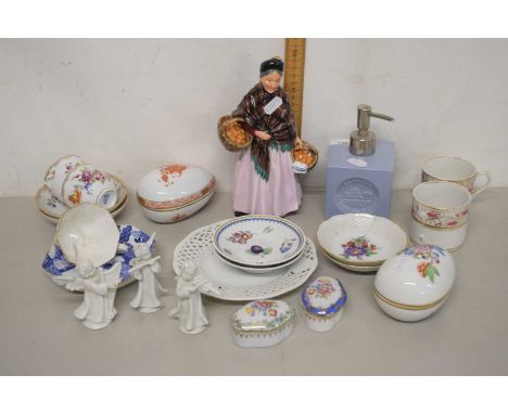 Mixed Lot: Royal Doulton figure The Orange Lady together with further tea wares, two Herend egg shaped porcelain trinket boxe