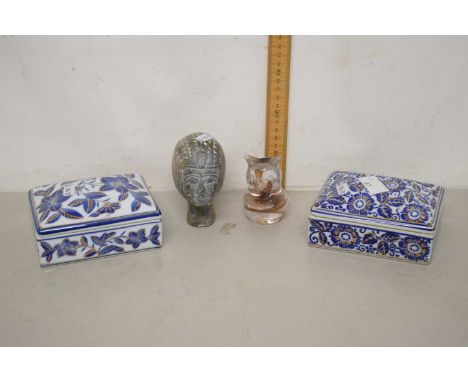 Mixed Lot: Soapstone carved head together with a Langham Glass model owl and two blue and white porcelain trinket boxes
