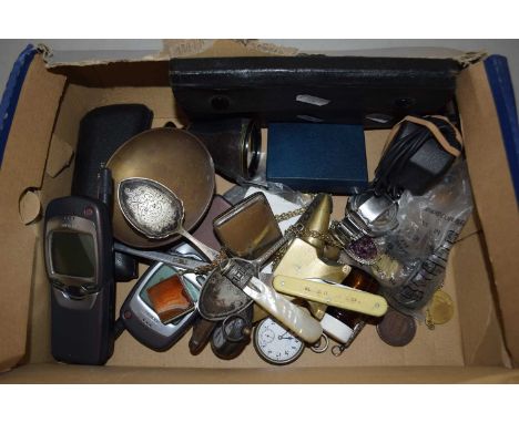 Box of mixed items to include technical drawing set, pocket watches, vintage mobile phones, miniature brass anvil etc