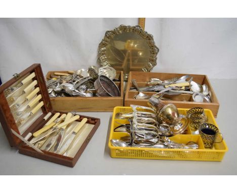 Three trays of various silver plated cutlery, waiter tray and other items