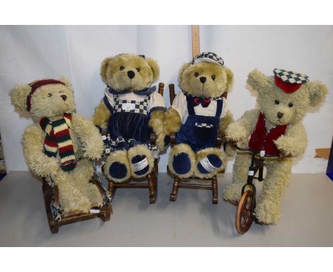 A group of four modern teddy bears, two in rocking chairs, one on a sledge and another on a bike (4)