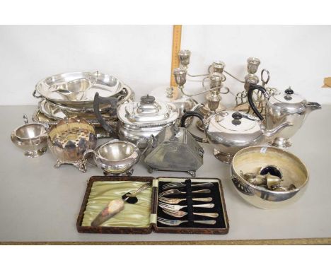 Mixed Lot: Various silver plated table wares to include candelabras, cruet items, tea ware, serving dishes etc