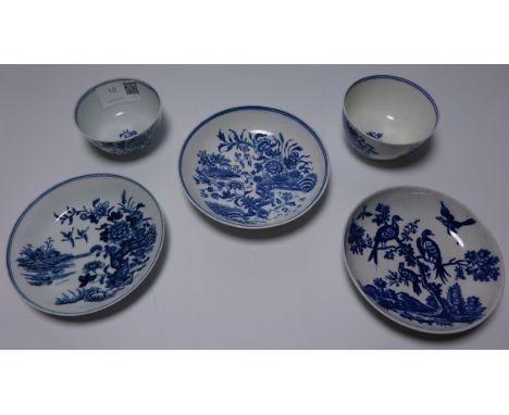 Two first period Worcester tea bowls and saucers and an additional saucer decorated with birds  Condition Report Click here f