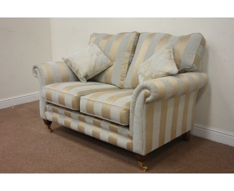 Two seat traditional sofa upholstered in stripe fabric with scatter cushions, W150cm Condition Report Click here for further 