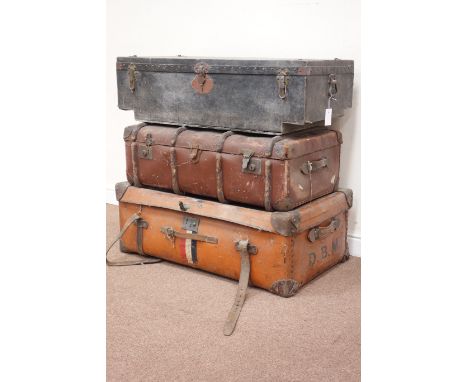 Large 20th century leather trunk, vintage car luggage trunk and another leather trunk Condition Report Click here for further