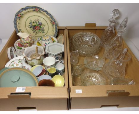Two cut glass decanters, Wedgwood, 'Belle Fiore' pottery, Poole preserve pot and other glassware and ceramics in two boxes  C