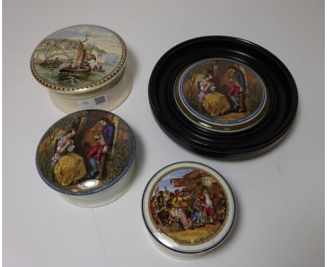 Three 19th Century Prattware pot lids, 'The First Appeal', 'The Parish Beadle' and 'Pegwell Bay' and a framed pot lid 'The Fi