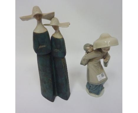 Two Lladro figurines - model of a pair of nuns, H 34cm and a Chinese lady carrying a child on her back (2) Condition Report C