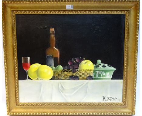 'Still life Fruit and Wine' oil on canvas, R. J. Gamilin, signed lower right, 50cm x 60cm Condition Report Click here for fur