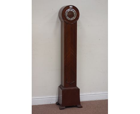 Mahogany 8 day grandmother clock, drum head with brush metal chapter ring, Roman numerals, beaded trunk plinth base raised on