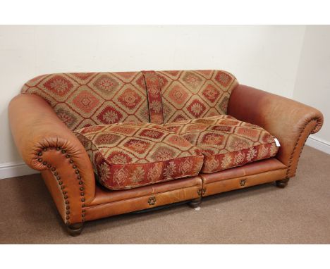 Large Tetrad Eastwood four seat sofa, leather upholstery with Kilim chenille loose cushions, W225cm Condition Report Click he