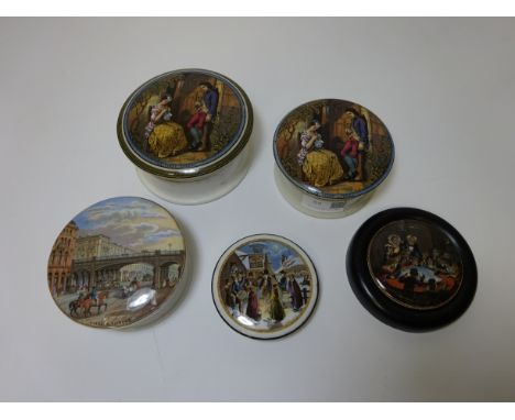 Four 19th Century Prattware pot lids 'Xmas Eve', 'The First Appeal' and 'Holborn Viaduct' with one other framed pot lid 'Snap