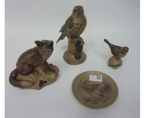 Poole pottery Thrush by Linley Adams, H 20cm, Poole pottery Fox,  Blue Tit on mushroom and small dish (4) Condition Report Cl