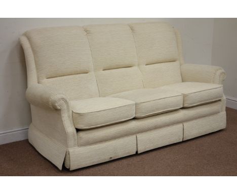 Three piece lounge suite comprising of - three seat sofa (W190cm), and pair matching armchairs (W90cm), upholstered in cream 