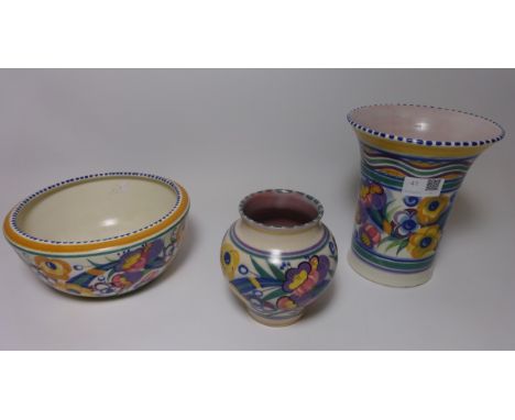 Carter, Stabler and Adams Poole pottery vase H18cm, matching small vase and bowl  Condition Report Click here for further ima