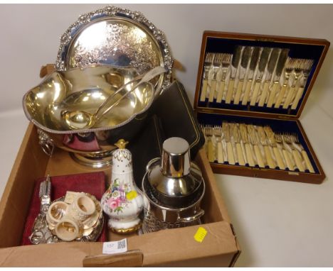 Assortment silver-plated cutlery sets, large silver-plated lions head punch bowl and ladles, Hammersley Spode sugar shaker an