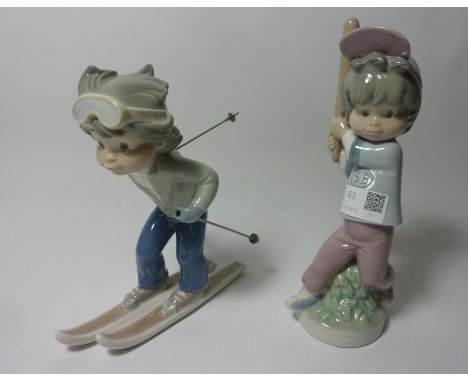 Two Lladro Sport-Billy figurines, 1978 - boy swinging a baseball bat and boy skiing  Condition Report Click here for further 