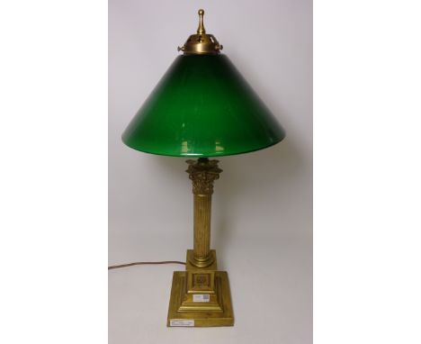 20th century brass Corinthian column lamp with green glass shade  Condition Report Click here for further images, condition, 