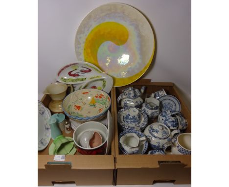 Shelley jug, Poole plant pot, Grays hand-painted bowl, Yuan teaware, large glass bowl and decorative ceramics in two boxes  C