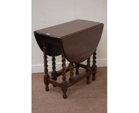 20th century small oak drop leaf table raised on barley twist gate leg base, W76cm Condition Report Click here for further im