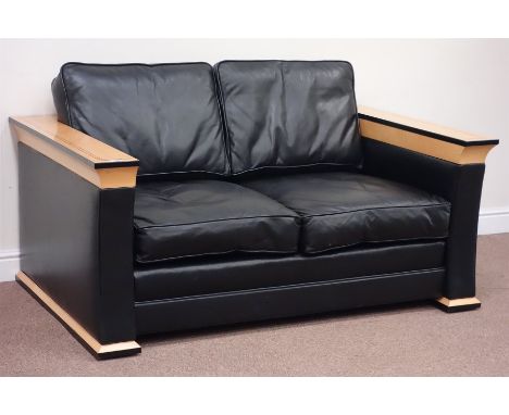 Quality Art Deco style satinwood banded and birdseye maple framed two seat sofa upholstered in black leather, W151cm Conditio