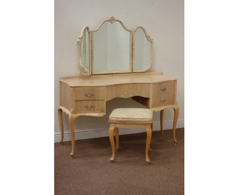 Vintage retro bleached walnut serpentine dressing table fitted with five drawers and triple mirror back with stool, W130vm, H