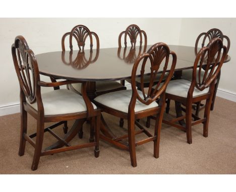 Regency style twin pillar dining table with leaf (98cm x 160cm - 211cm (with leaf)), and set six (4+2) Hepplewhite style dini