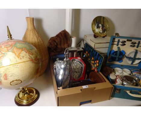 World globe, Brexton picnic set, three 'Melting Clocks' fur collar and stole, floor basket lamp, collectors plates and miscel