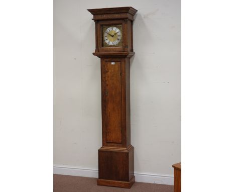 Georgian style oak  longcase clock, the projected moulded cornice over brass face applied spandrels, brush metal chapter ring