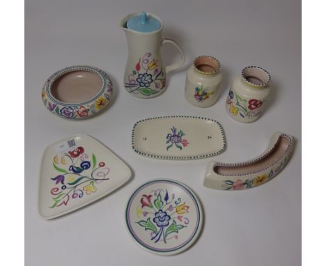 Poole pottery jug, two small vases and five various shaped dishes (8) Condition Report Click here for further images, conditi