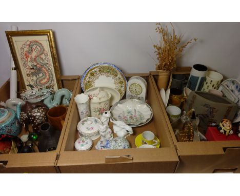 Poole pottery, Aynsley ceramics, clocks, treen, oriental ceramics and miscellanea in three boxes  Condition Report Click here