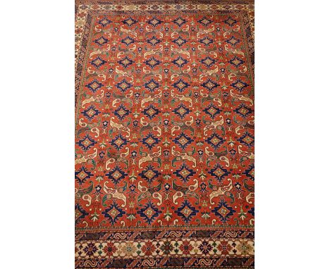 Anatolian Turkish carpet, with allover flora and geometric design, red ground, triple border,  406cm x 283cm Condition Report