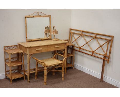 Cane and bamboo bedroom suite comprising of - dressing table with mirror and stool, pair bedsides, headboard and lamp Conditi