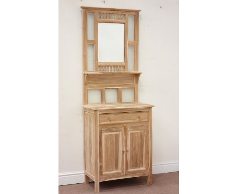 Teak bevelled mirror back stand/hall cabinet fitted with drawer and double cupboard below, glazed with moulded glass, W65cm, 