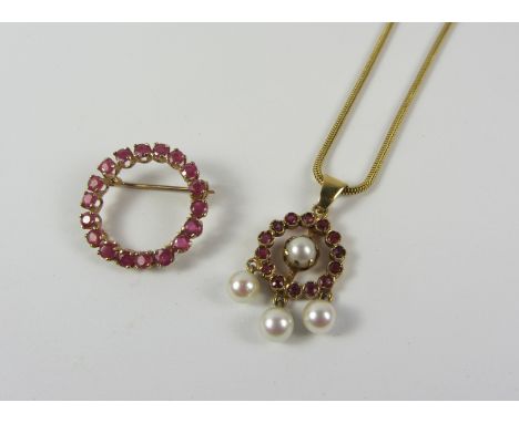 Ruby and pearl pendant necklace and similar circular ruby brooch both hallmarked 9ct Condition Report Click here for further 