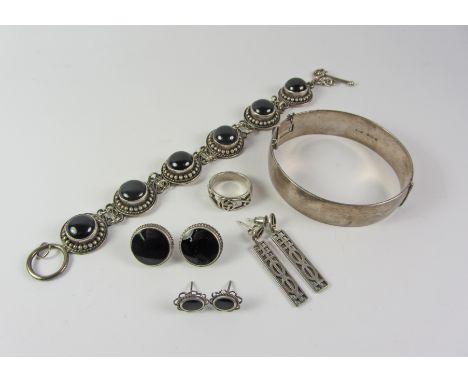 Silver hinged bangle hallmarked, onyx link bracelet and two pairs ear-rings and a pair of Mackintosh style ear-rings and ring