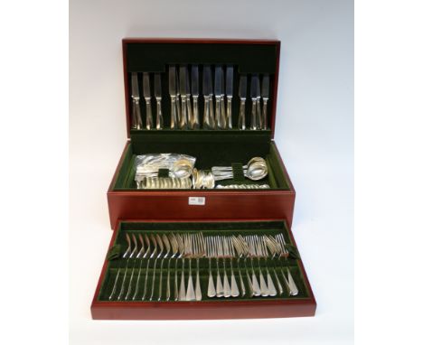 Canteen of silver rat-tail cutlery by Roberts &amp; Belk Sheffield, twelve place settings comprising dinner and dessert forks