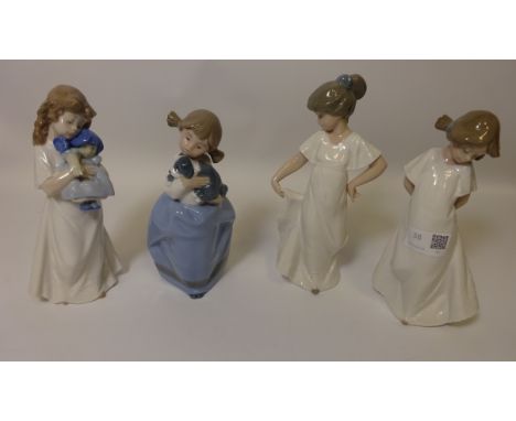 Four Nao figurines, two girls in white dresses, a girl holding a puppy and a girl carrying a doll  Condition Report Click her